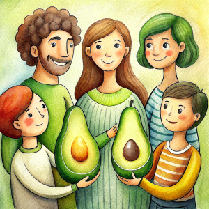 I request a drawing that includes a group of people who love avocados. It should feature characters eating, sharing, or spending time together with avocados.