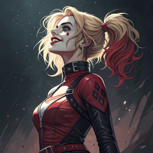Illustration of Harley Quinn, DC Comics villainess. Playful stance, tousled blonde hair, red and black outfit, dark background, bold lines, graphic style