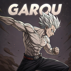Garou from One Punch Man in a powerful pose. Dark background highlighting muscular build and wild hairstyle. 'GAROU' in bold letters
