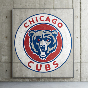 A Chicago Cubs logo with a bear's head design in blue and red colors. The team name is clearly visible on a concrete wall.