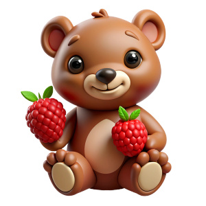 A cute bear cub on a white background eats raspberries