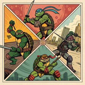 Colorful comic strip featuring Teenage Mutant Ninja Turtles. Each panel showcases intense action scenes. Characters are in various dynamic poses. Artwork is detailed with vibrant colors and intricate line work. Layout is grid-like with clear action sequences.