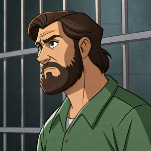 Cartoon character from Tarzan and Jungle of Doom. Serious face with beard, green shirt. Standing in front of a jail cell backdrop.