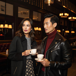 Camilla Belle and Jared Eng at a trendy cafe. They hold steaming cups of coffee. The cozy, dimly lit interior has soft music playing. Both dressed in chic outfits.