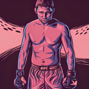 Professional portrait of Darren Till, a UFC fighter. Muscular body, short hair, direct gaze. Wearing UFC-branded shorts and padded gloves. Light background.