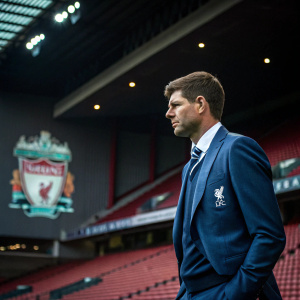 Steven Gerrard, in a serious pose, wearing a blue suit with Liverpool FC badge. At an empty stadium, dimly lit, with the team's logo glowing in the background.