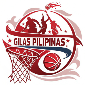 Gilas Pilipinas team logo. Dynamic design with bold red and striking colors. Basketball iconography and energetic fonts. Prominent team name