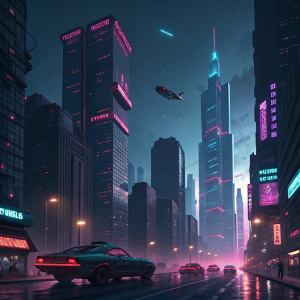 Metropolis skyline at night. High-rise buildings, neon signs, flying cars. Cyberpunk vibe.