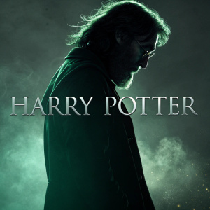 Promotional poster for the new Harry Potter movie. Albus Dumbledore's silhouette with a greenish hue, shadowy details, classic font style, evoking nostalgia and anticipation.