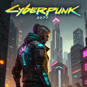 Digital painting of the video game 'Cyberpunk 2077', featuring a character with neon colors and detailed cybernetic enhancements. The title 'CYBERPUNK 2077' in glowing letters. The artwork showcases a futuristic, gritty cityscape.