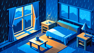 rainy day, cozy room in creamy blue moody