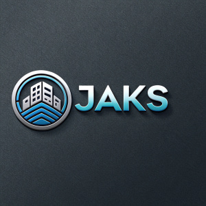 A sleek logo design for JAKS apps. Incorporating a blend of blue and silver hues, the logo features a modern, abstract iconography on the left, alongside the brand name in bold, contemporary font.