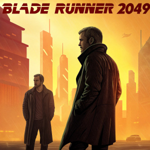 Concept art for Blade Runner 2049. Ryan Gosling and Harrison Ford standing in front of a cityscape. Warm color tones, orange and yellow. Words 'BLADE RUNNER 2049' in bold letters.