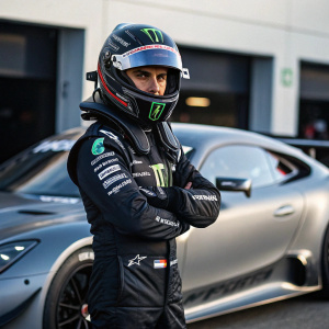 Jorge Lorenzo, in racing gear, helmet with Monster Energy logo. Stands in front of a sleek, modern race car. Intense look