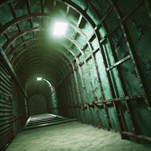 A high-tech 3D rendered image from 'Call of Duty: Black Ops Cold War'. The scene features a dimly lit, narrow tunnel lined with rusted metal and flickering lights.