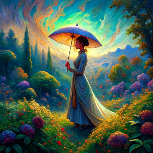 She is standing among the greenery, in a long white dress, holding an umbrella over her head, with the sky in the background.