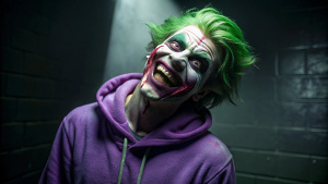 green long hair purple hoodie Joker is bleeding from the mouth, going crazy in the  pitch black room
