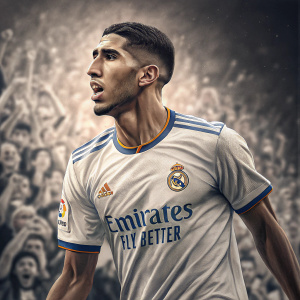 Achraf Hakimi, in an intense pose, wearing Real Madrid jersey. Sea of fans in the background, blurred and distant.