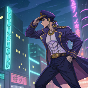 Josuke Higashikata, character from JoJo's Bizarre Adventure, in a dynamic pose. Wearing a distinctive outfit with a stylish hat. Set against a vivid, neon-lit cityscape.