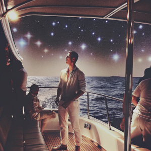 Cristiano Ronaldo, star soccer player, in candid photo at luxury yacht party. Dramatic evening sky and sparkling sea in background.