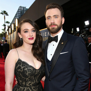 Kat Dennings and Chris Evans attending the Hollywood Film Awards. Both dressed in formal attire. Beth Behrs not present.