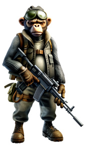 A monkey who wears military clothes and carries a rifle with him