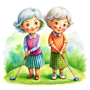 cute old ladies golfing, white background