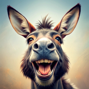 Antique vintage, soft colors, Funny Donkey, Happy and Jocose Making a Mouth, Smiling Out of Laughter, Showing Teeth with Brackers, Front View, Very Close Up, Realistic. white background