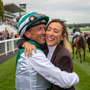 Frankie Dettori joyfully embraces Catherine Dettori in a victoriously celebratory moment at the racetrack. Catherine, clad in jockey attire, beams with pride.