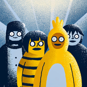 Cartoony illustration featuring band members of Gorillaz. Each character has unique, stylized features and expressions.
