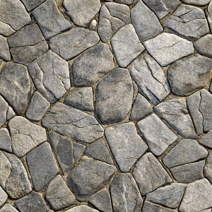 Seamless flagstone outdoor paving textures, cobblestone cut flat in random pieces, grey, light grey, beige, and charcoal color. Monochrome. Pavement surface texture. Landscape paving stone background