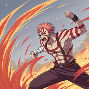 Digital illustration of Akaza from Demon Slayer. Fierce fighting pose, fiery background with dynamic brush strokes and vibrant colors.