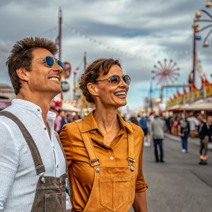 Tom Cruise and Katie Holmes smiling at a bustling outdoor festival. Crowded street, colorful banners in background