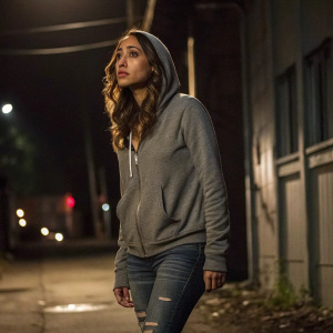 Meaghan Rath, as Sally Malik, in a dramatic scene. Wearing a gray hoodie and distressed jeans. Dark, moody alleyway background, nighttime atmosphere