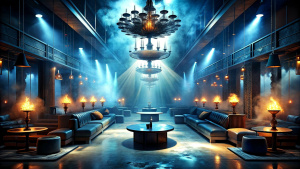 Designer interior design in the club, dark atmosphere, smoky
