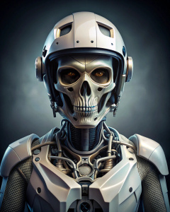 cuerpo  de robot con calavera y casco de motocross 