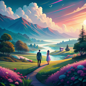 un paisaje en colores frios, tranquilo y hermoso. Con una pareja caminando a lo lejos, tomados de la mano, felices y tranquilos.