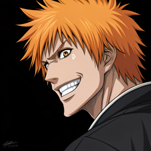 Ichigo Kurosaki from 'Bleach' anime series, displaying an intense, wide grin with sharp white teeth. Shot against a plain black background.
