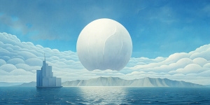 White illustration, René Magritte style, surrealism  aesthetics, sophistic architecture,  huge ocean and sky, white, magic, gain paper, --aspect 4:1