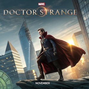 Doctor Strange, with cape flowing, standing on a futuristic cityscape. Modern skyscrapers and clock-like structures visible. Marvel Comics logo prominent. November release date on the dynamic action poster.