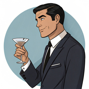 Illustration of Sterling Archer, character from animated series. Wears a dark suit, holding a martini glass.