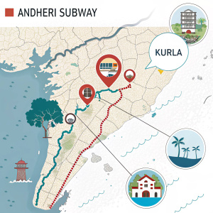 Interactive map highlighting Mumbai's flood-prone regions, including Andheri Subway and Kurla. Includes explanations for flooding causes and city initiatives for improvement.