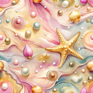 Pattern Seamless, Vector, Vintage Old Soft Colors, Shade Pink, Abstract Hand-Draw, Beach Shore, Sand with Water Drops, Starfish, Sea Shells, Golden Pearls. Realistic