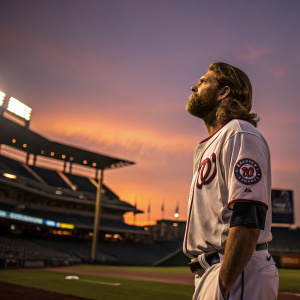 Jayson Werth, dressed in his Washington Nationals jersey, standing solemnly on a baseball field at dusk.