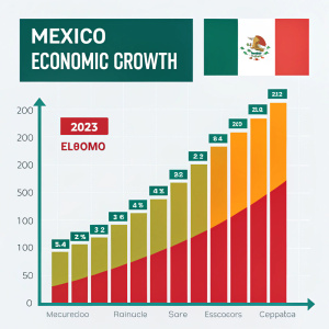 Infographic displaying Mexico's economic growth. Bold, colorful bar graph. Shows increasing trend over time.