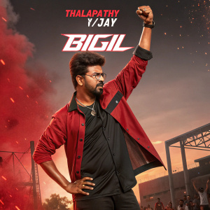 Thalapathy Vijay, in a dramatic pose, promoting his upcoming film 'Bigil'. Poster features a bold color scheme of red and black with the release date prominently displayed. Background is set against a dynamic action scene.