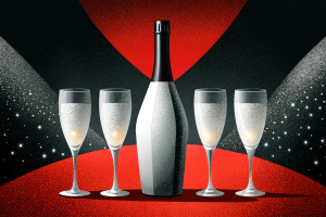 a bottle of champagne and two poured glasses