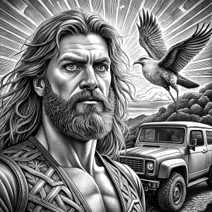 god thor with hummer perfect realistic art, high-definition, high-definition grey and black, white background 