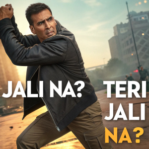 Akshay Kumar in promotional still for new film release. Text overlay in Hindi reads 'Jali na?' and 'Teri jali na?' on a dynamic split-screen design.