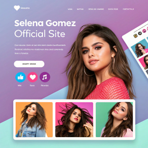 Selena Gomez's official fan site featuring her in a vibrant photoshoot. The layout includes multiple images of her in different poses, social media icons, and interactive elements.